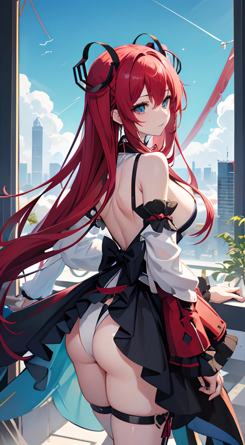 miku hatsune、Build weapons with your own blood、fight、Blood droplets、Red scythe、night skyscraper、Anime Face、glareing、Erotic costumes、Braless、big butts、open one's legs、flying though the air、detailed buttocks、A detailed face、Very big ass、Red ta Clothes