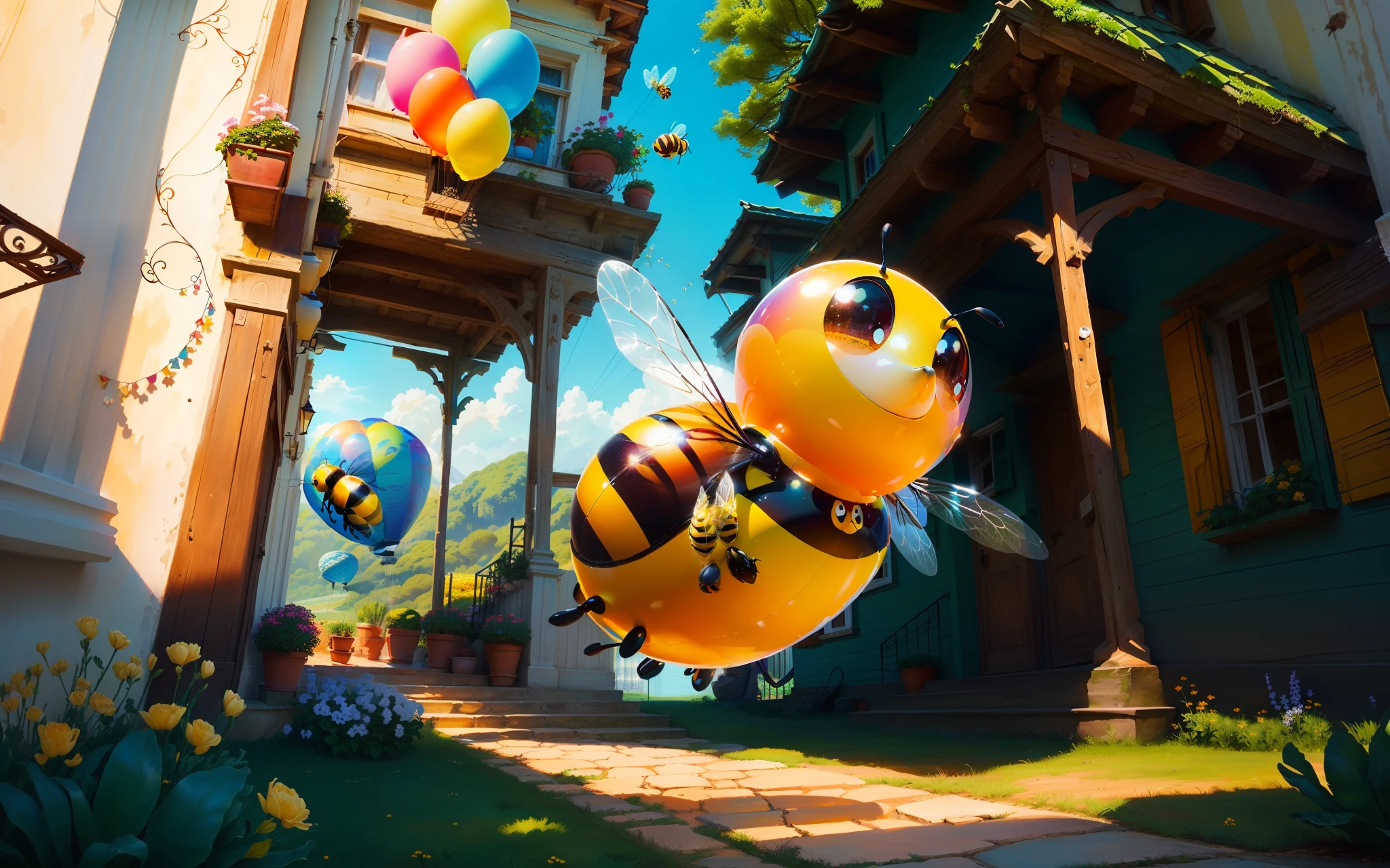 Bee in the shape of a balloon. Estilo Pixar. belas paisagens florestais. super detalhado.