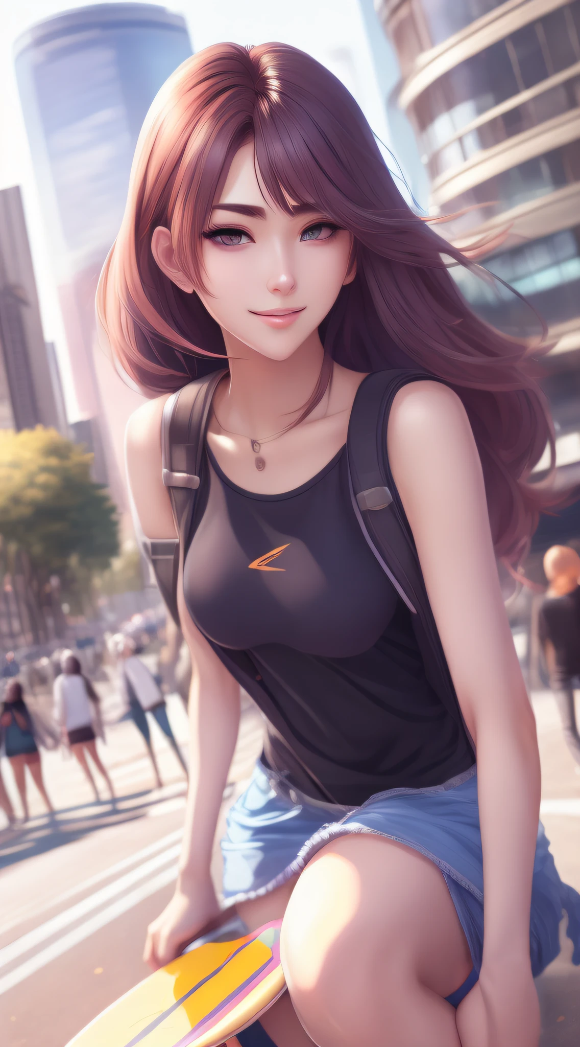 anime girl with a skateboard in her hand in a city, extremely detailed artgerm, ig model | artgerm, artgerm and ilya kuvshinov, artgerm portrait, artgerm. anime illustration, smooth anime cg art, ! dream artgerm, style artgerm, artgerm on artstation pixiv