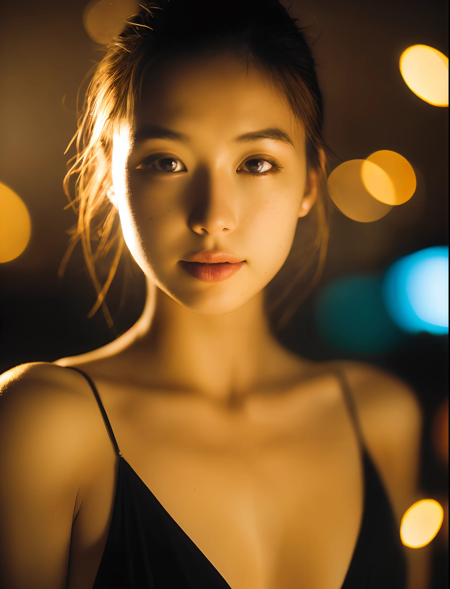 Portraits of perfect skin women, high quality photograph, bokeh, Gobo Lights, rim lights, Warm ambient light, volumetric light, Depth of Field, analog,