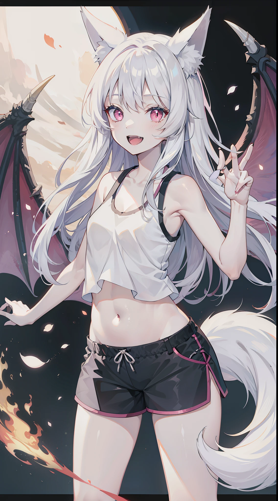 young girl, very long white hair, pink eyes, Fox ears, Very long fox tail, Smile, opened mouth, Dragon Wings, Flight, white tanktop, Sleeveless, Shorts, open belly, Masterpiece, hiquality, 4k, HD, Good detail