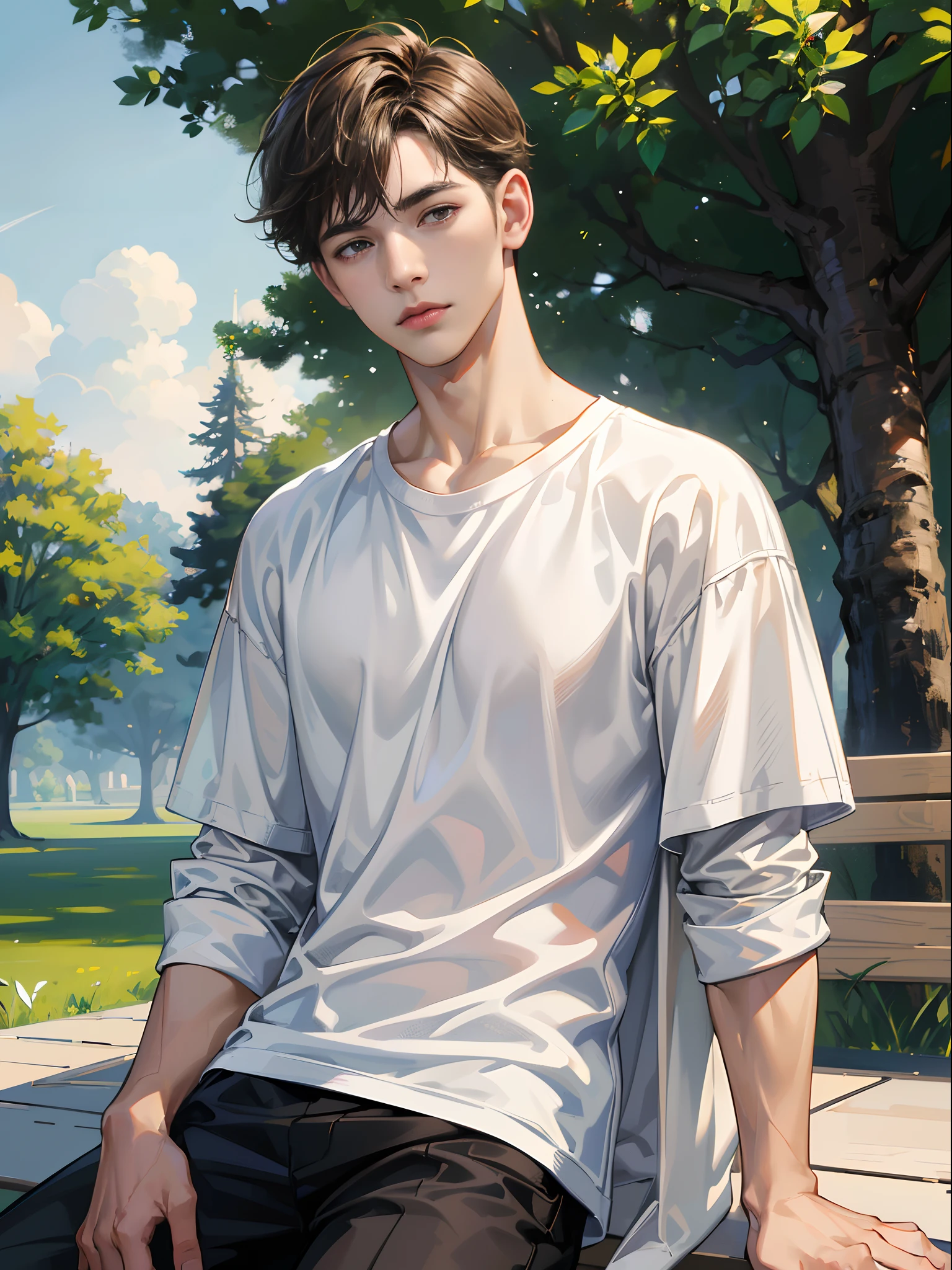 (absurdres, highres, ultra detailed, HDR), masterpiece, best quality, 1boy, solo, handsome, short hair, dark brown hair, finely eye and detailed face, ((loose white t-shirt)), (white jacket), (pale and white skin), look at viewer, ear piecing, sitting on bench, park in background