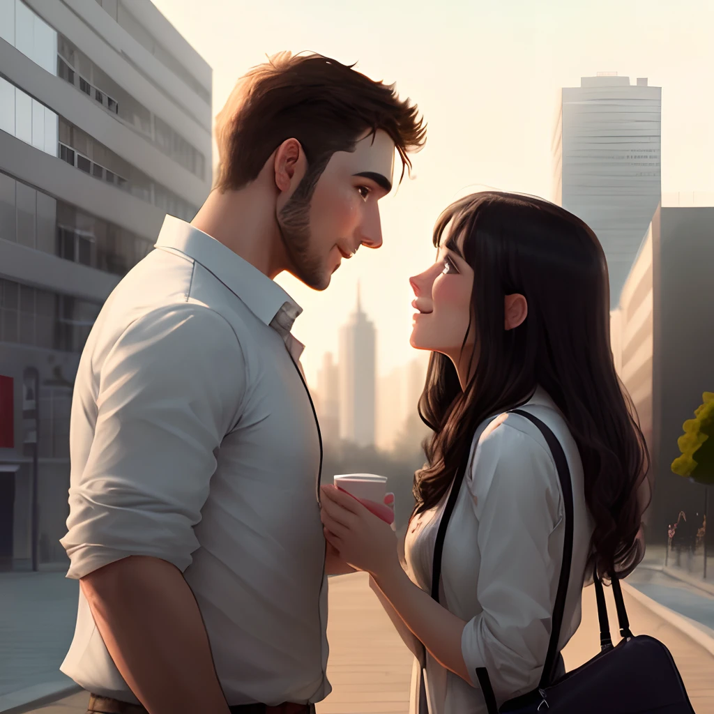 a sketch of a man asking a girl a question romantically face to face next to a building