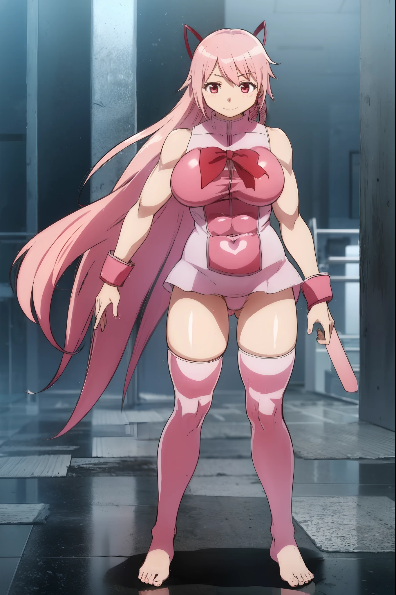 pink,madoka, musclegirl, crazy smile, babarian, revealing cloths, long hair, living hair, red eyes, full body, feet,huge breast, body suit