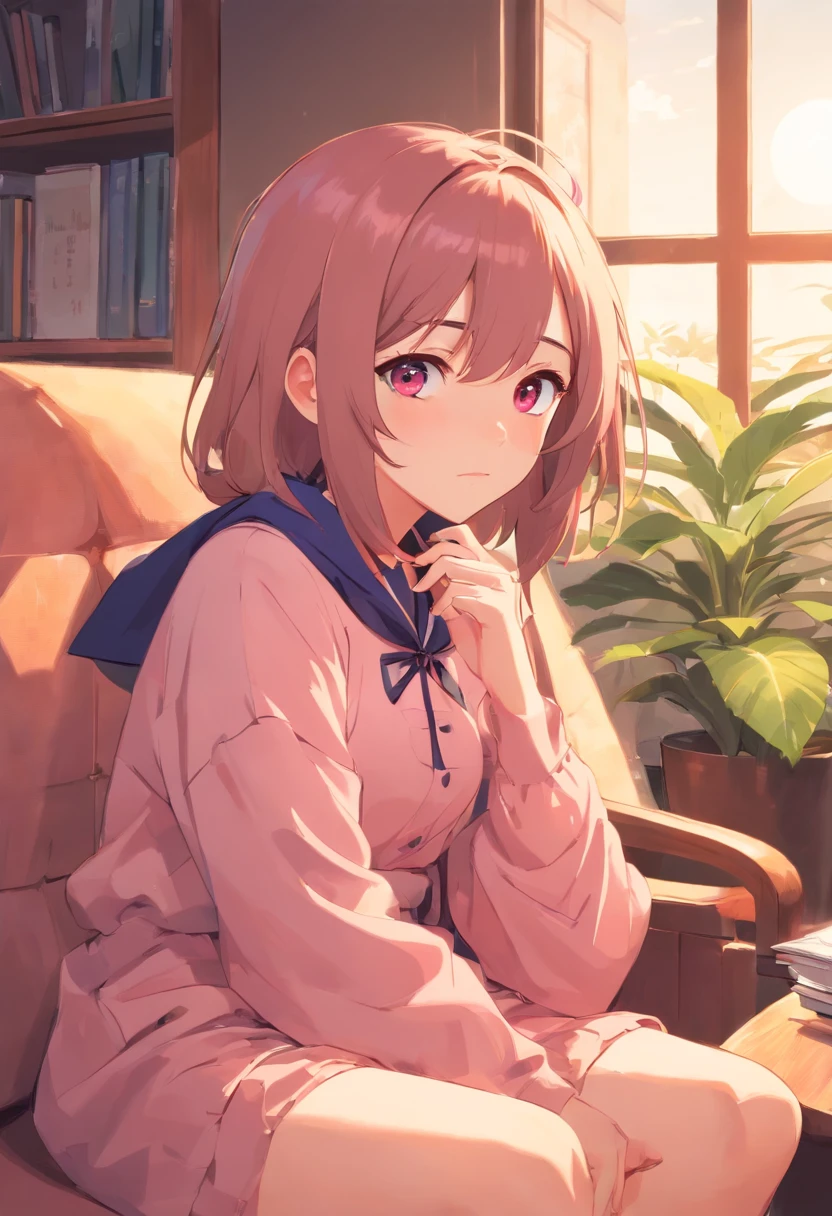 Girl、soio、The Witch,Tsundere、Moody、Predisposition to depression、face expressionless、Force yourself to laugh、honor student、looks smart、Know、long whitr hair、Pink eyes、coward、Hut、sitting in the couch