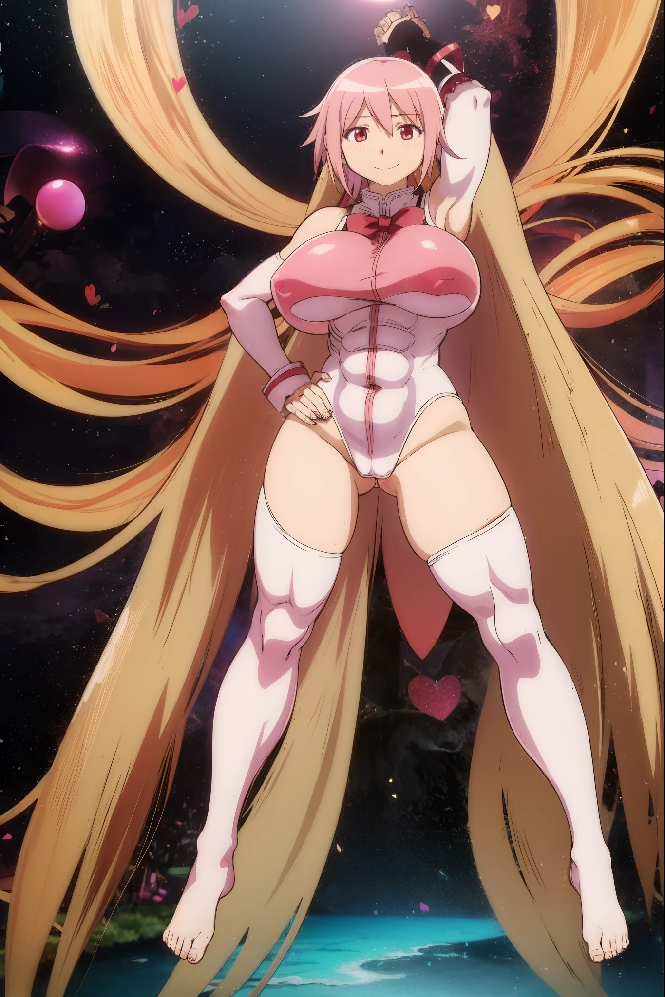 pink,madoka, musclegirl, crazy smile, babarian, revealing cloths, long hair, living hair, red eyes, full body, feet,huge breast, body suit
