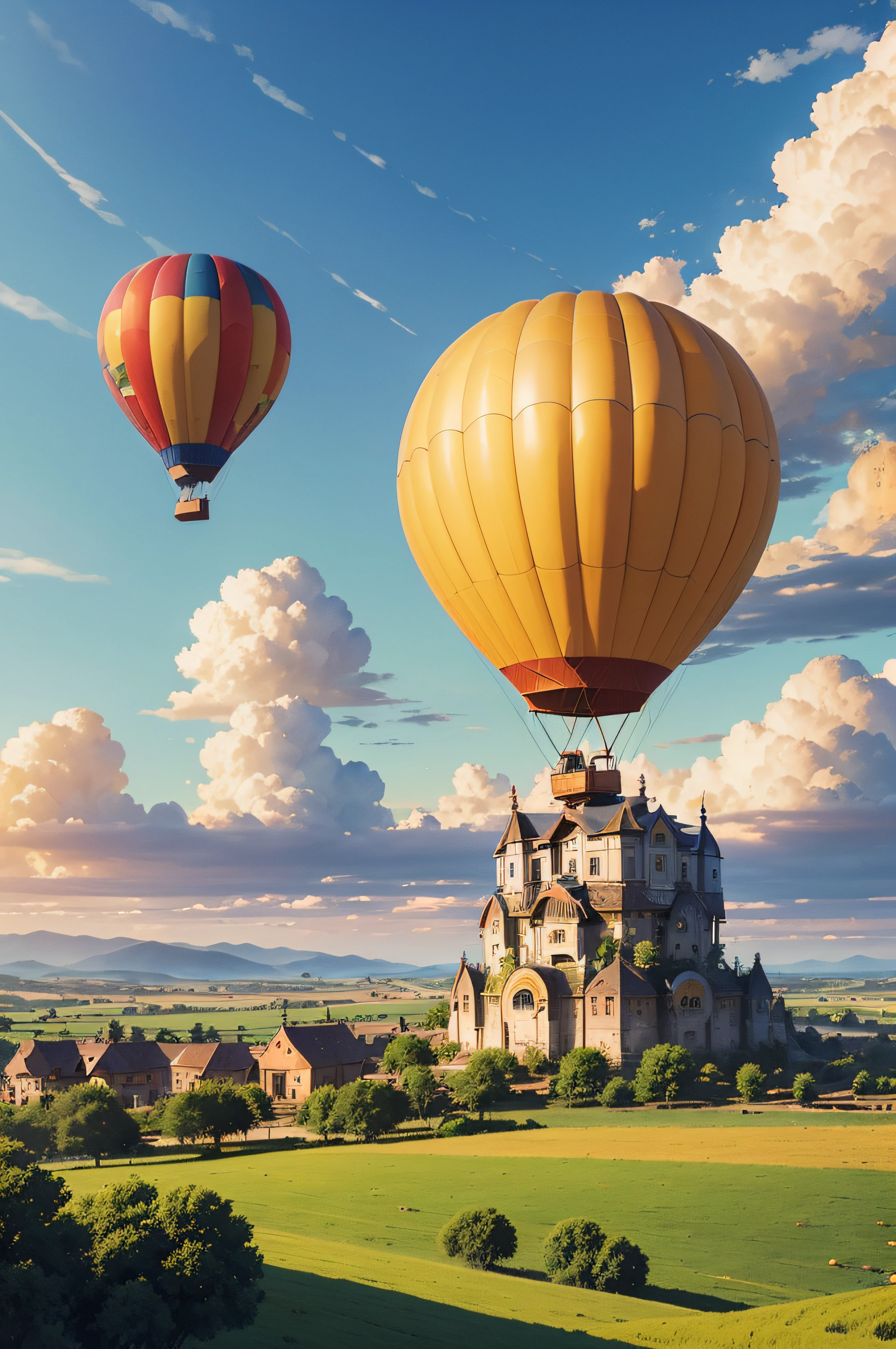 "(best quality, highest), status: wooden hot air balloon, throne in the center of a large village square (on a hill overlooking the fields), bright colors, picturesque landscape, peaceful, serene, early morning, surrealist, ethereal, soft sun, glowing clouds, soft breeze, adventure, joyful, exciting, freedom"