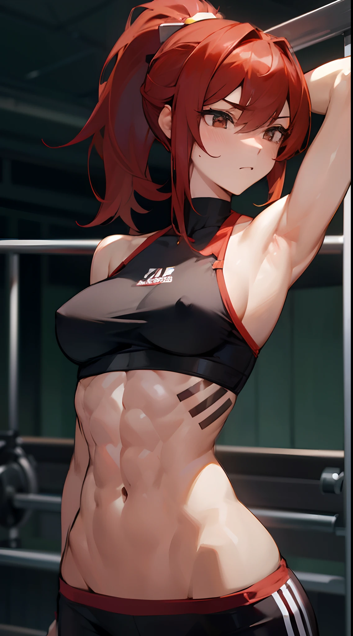 kurisu makise, Woman with red hair posing in gym, Fit Pic, with abs, Fitness model, fit girl, sexy body, attractive body, sultry body with sexy belly, Form-fitting design, Graceful figure, fit body, the perfect body, attractive face and body, middle body shot, Training bra, in the gym, Strong Body, sexy body and face, Tinted form, ponytail hairstyle