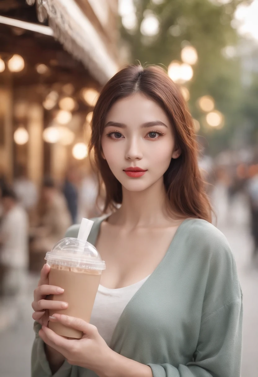 a girl standing on the street, holding a cup of milk tea, beautiful detailed eyes, beautiful detailed lips, extremely detailed face, long eyelashes, lively and vibrant scene, realistic painting style, vibrant colors, warm and soft lighting, best quality, high resolution, ultra-detailed description, street view, bustling atmosphere, afternoon sunlight, green trees, stylish outfit, confident and elegant posture