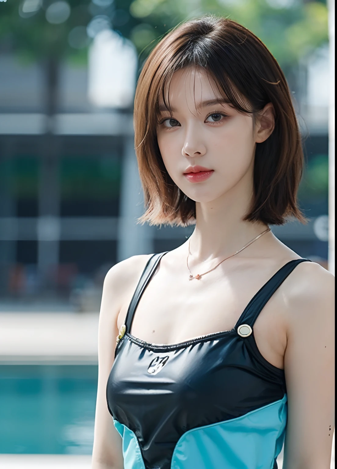 Highly detailed CG unity 8k wallpaper, Top  Quality, A highly detailed, Masterpiece, realisitic, Photorealistic, very detailed cute girl, (25 Years Old), blush, round eyes, Medium Tits, viewer, semi-body shot, swimming race suit, Swimming arena