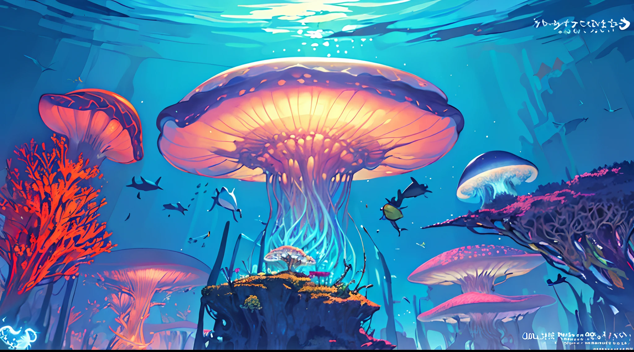 masterpiece, hightquality,Colorful undersea city, Colorful marine life, Marine forest, City of Borgar, Fantastic Fantasy, glowing plants, Coral Viaduct, (A flock of glowing jellyfish), (School of fish with transparent wings flying in the sky), foggy, Extreme detailing, Morning light, Magnificent composition, (intricate detailes), (intricate designs, ultra -detail: 1.2), art stations, (masterpiece, top-quality), Ulutra HD, 32k ,borgar,1girl --v 6