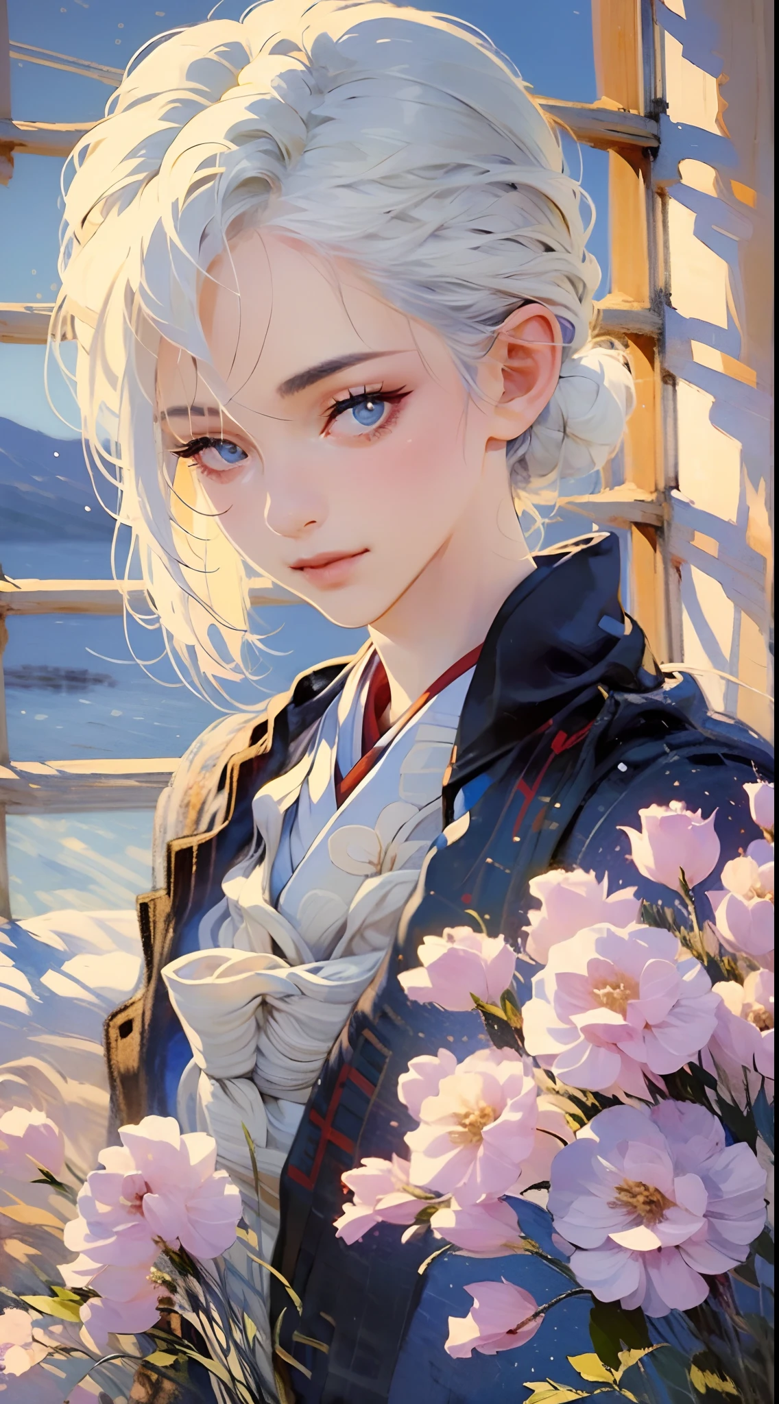 (absurd, highres, ultra detailed), 1girl, mature woman, intricate details, enlarged textures, intricate details, finely detailed eyes and detailed face, intricate details, white hair, (closed mouth), (perfect eyes, matching eyes), ( (Japanese clothes))