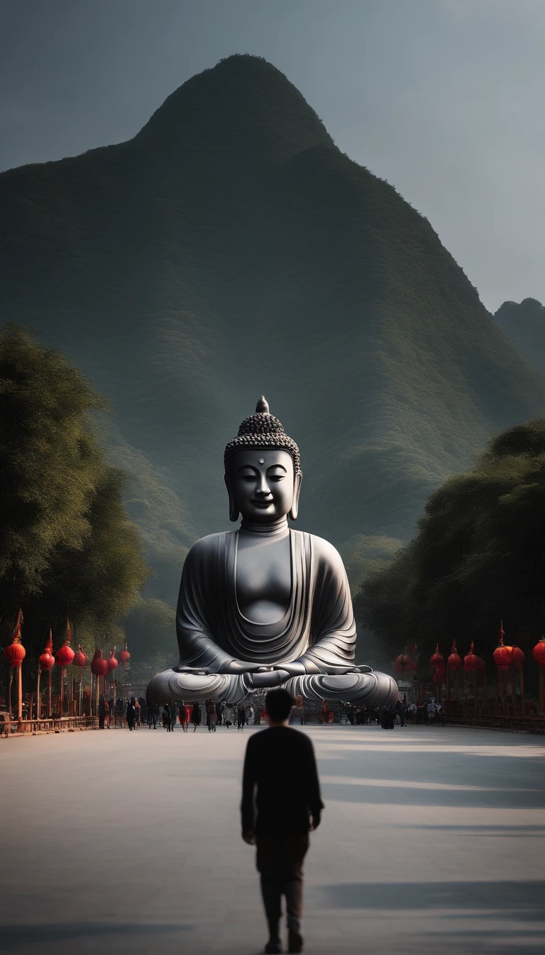 (Towering Buddha statue in the distance:1.5),(Kamiyama Background:1.2),(Pilgrims on the road:1.8)，The clouds are ethereal，in wonderland，(photo-realistic:1.4),(Best quality:1.0),(Highly concerned:1.0),8K,RAW photo,(Masterpiece:0.2),Ultra-detailed,In the distance is a huge tall Buddha statue，Pilgrims on the road