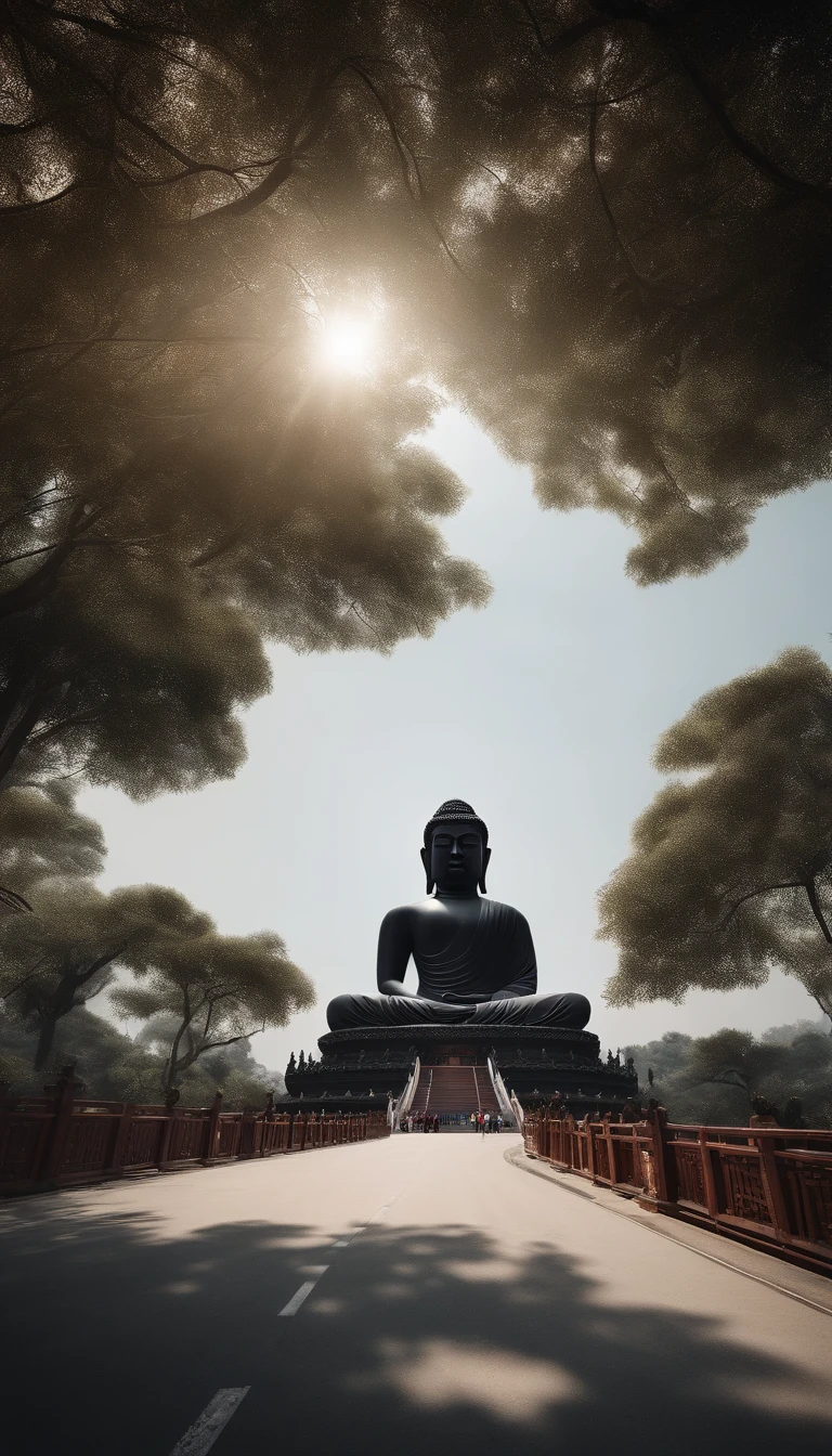 China style,In the distance, A huge tall Buddha statue stands in space,Gaze at the earth,Standing Buddha,with light glowing,Glow effect,Pilgrims on the road,Hyper-realistic,Ultra photo realsisim,Real Photographics,8K,High definition,high qulity,Works of masters,super-fine,Chinese black and white ink style,(((white colors))),Decolorization,Smudge,Inky,8K,super-fine,high qulity,(((OC renderer)))