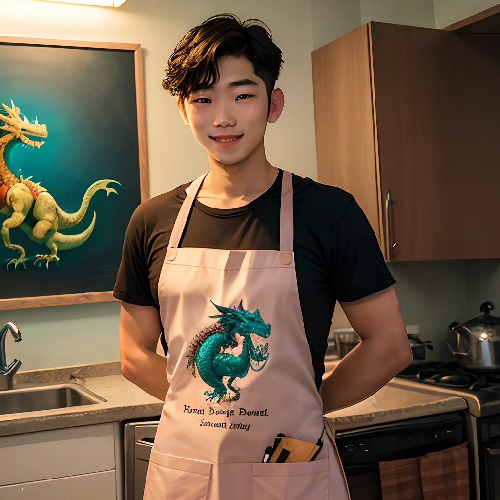Beautiful boy wearing an apron with a picture of a dragon made in home economics class。