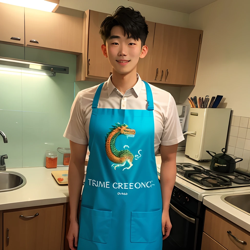 Beautiful boy wearing an apron with a picture of a dragon made in home economics class。
