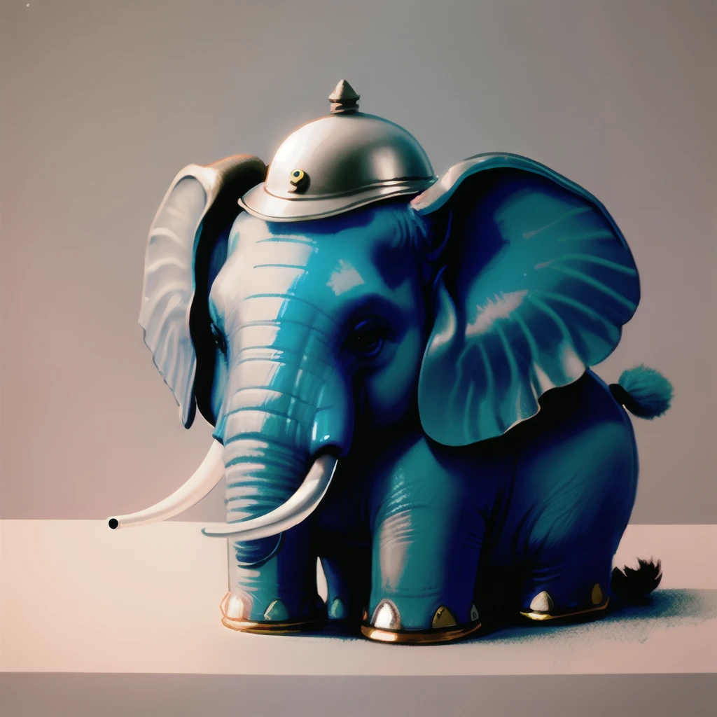 A blue elephant sits wearing a gray helmet, cute, pop, illustration