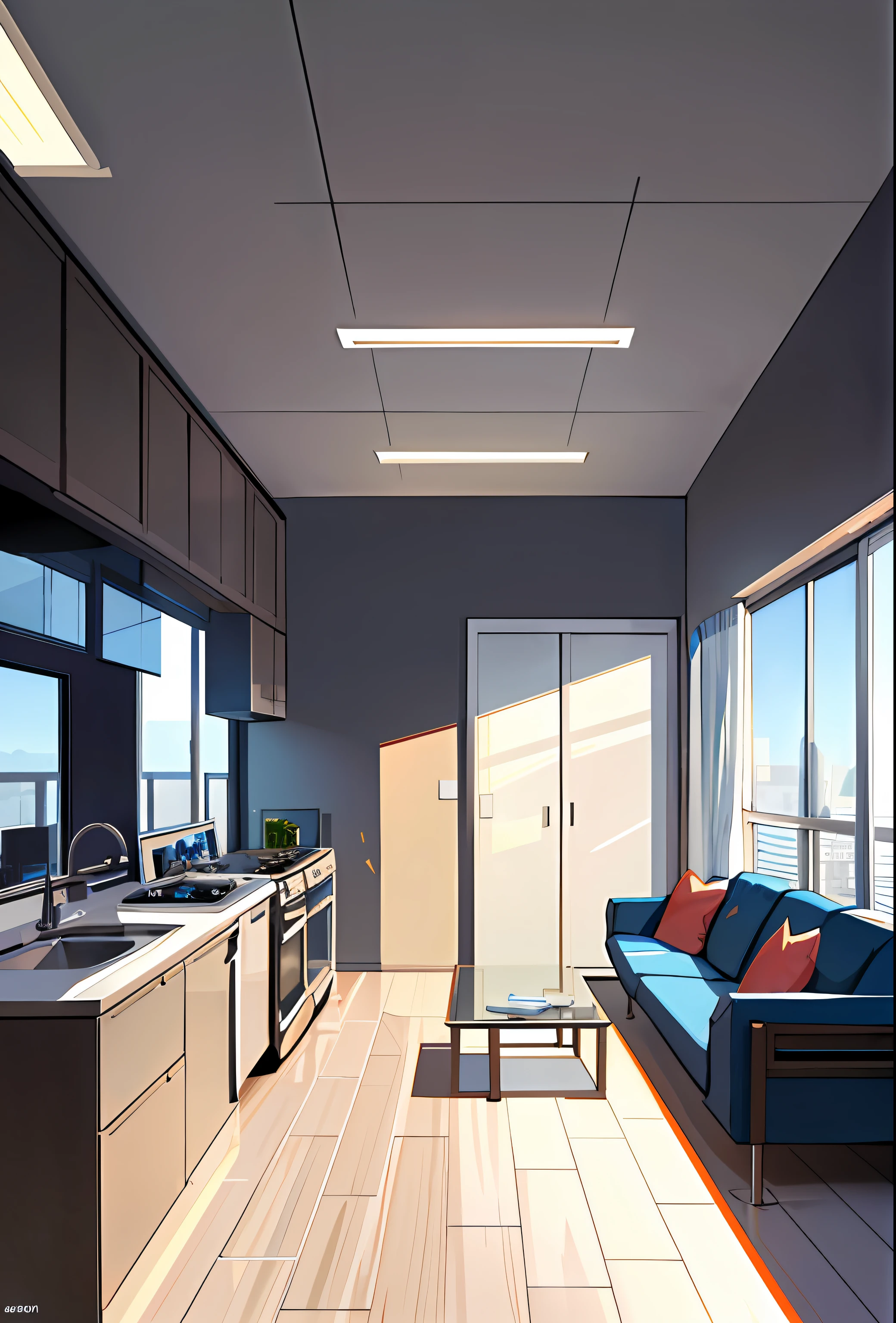Bright and clean apartment, (bright lighting), (clear), (brand new), (modern style house), ceiling fan, refrigerator, new computer, sofa. Tatsuya Endo, Greg Rutkowski, Pixiv, Artstation, all kinds of food