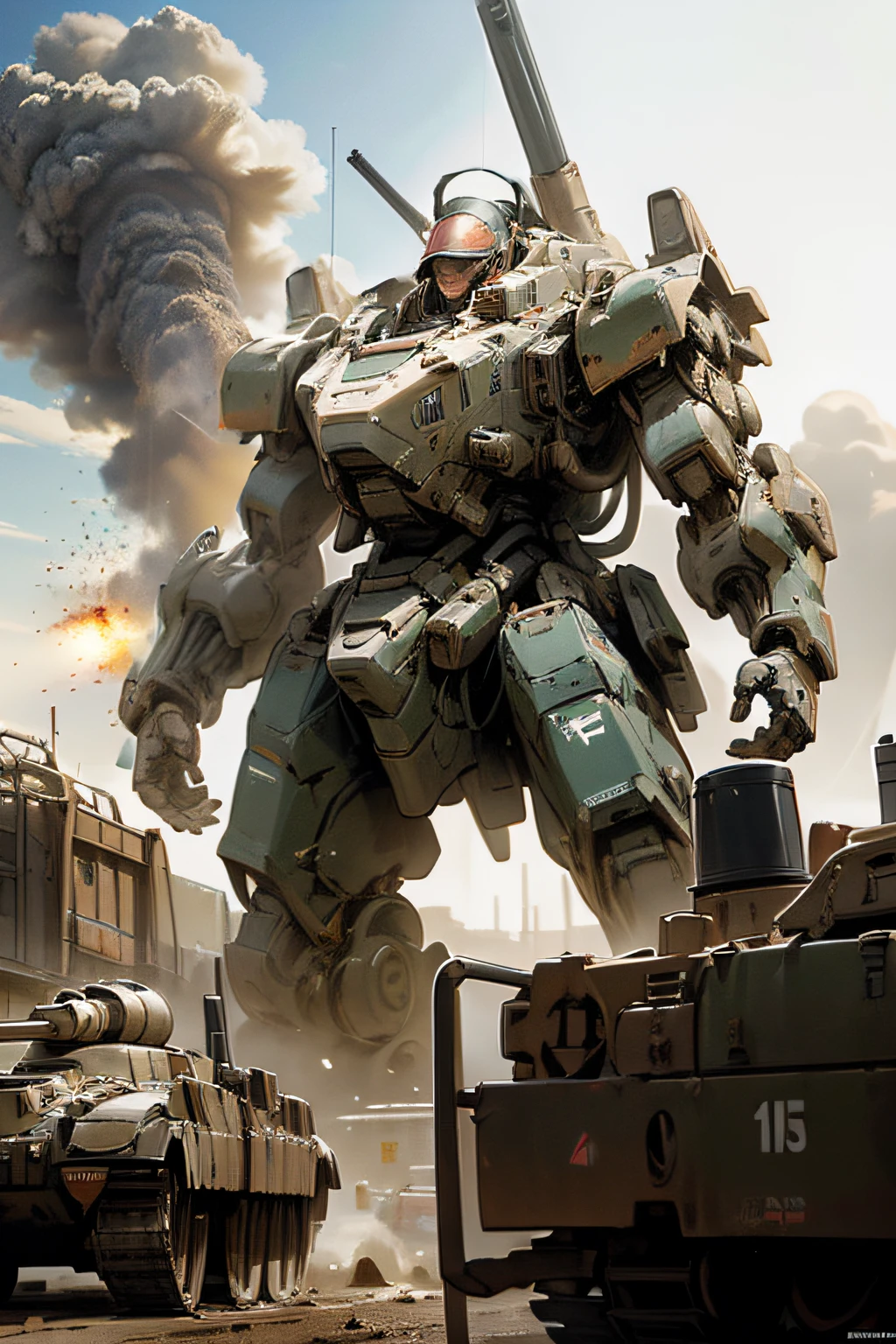 two heavy battle tanks drive toward the viewer kicking up dust clouds, the squat heavy tanks have twin 150mm guns, behind the tanks a twelve metre tall war mech emerges from the dust clouds, desert setting, dramatic lighting, hyper-realism