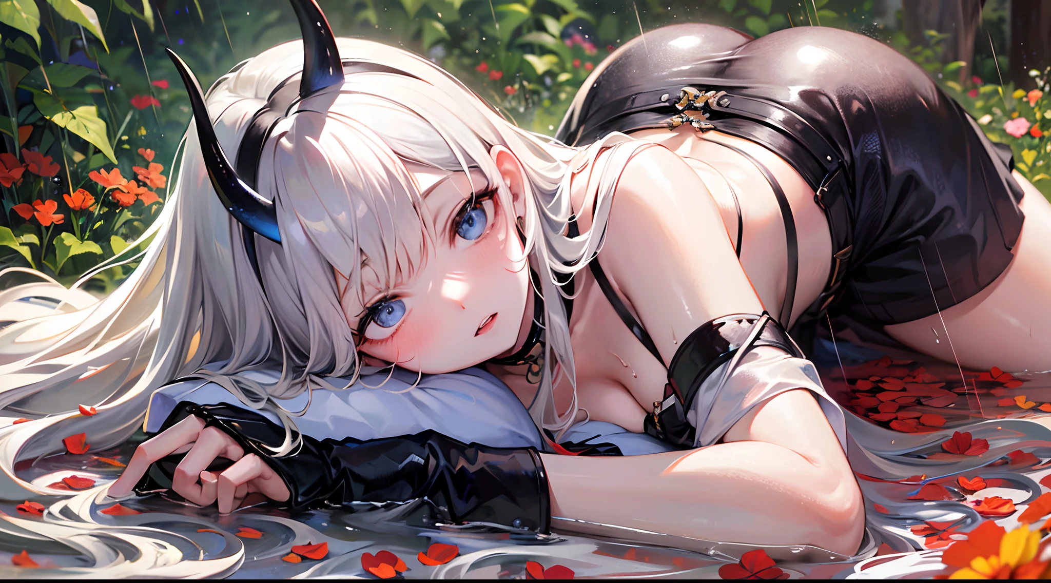 (absurderes、Absolute resolution、incredibly absurdness、hight resolution、ultra-detailliert:1.0、Official art), master piece, Sharp Focus, silver hair, 2 horns, black wings,Lifelike, Hyper-detailing, a matural female, Dynamic Hair, slender,pale skin, (Wearing long black elegant dress, black choker, ),perfect hands, 16K Ultra, Juicy background, natural(Colossal tits:1.2), cleavage of the breast,((The areol)),(teats),((exposed breast)), Beautiful cute woman,Wet in the rain,(Delicate pale blonde hair),(length hair),Delicate dark blue eyes, , , embarassed expression,(Lying face down on the bed), Lying face down, (Hug a pillow), in a garden (trees and greens), Buttocks, thighs thighs thighs thighs, Sexy legs