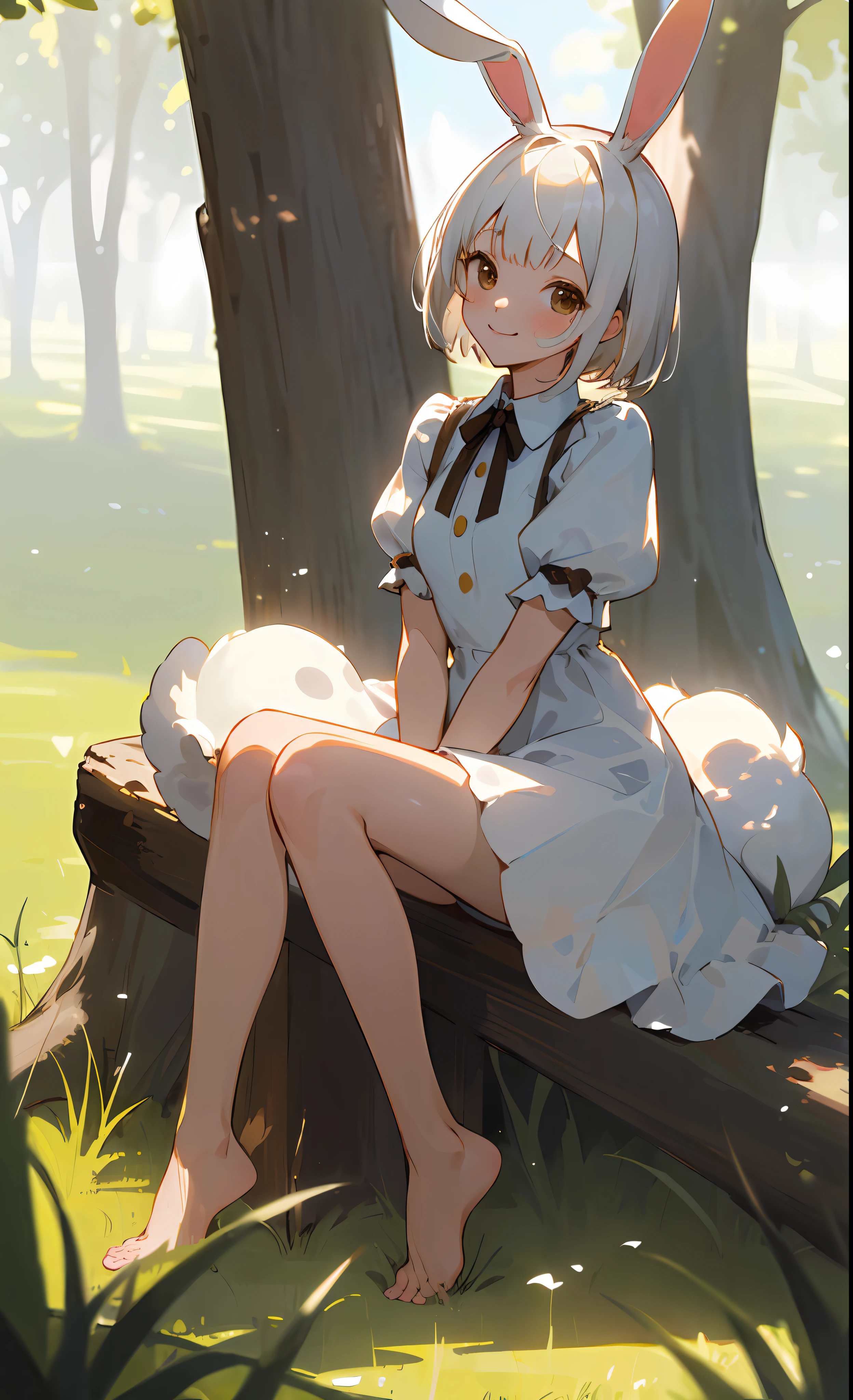 ((masterpiece,best quality)),1girl, solo, animal ears, rabbit, barefoot, knee raised, skirt, sitting position, rabbit ears, short sleeves, looking at viewer, grass, short hair, smiling, white hair, puff sleeves , outdoors, puffy short sleeves, bangs, on the ground, full body, animal, white dress, sunlight, brown eyes, dappled sunlight, daytime, depth of field