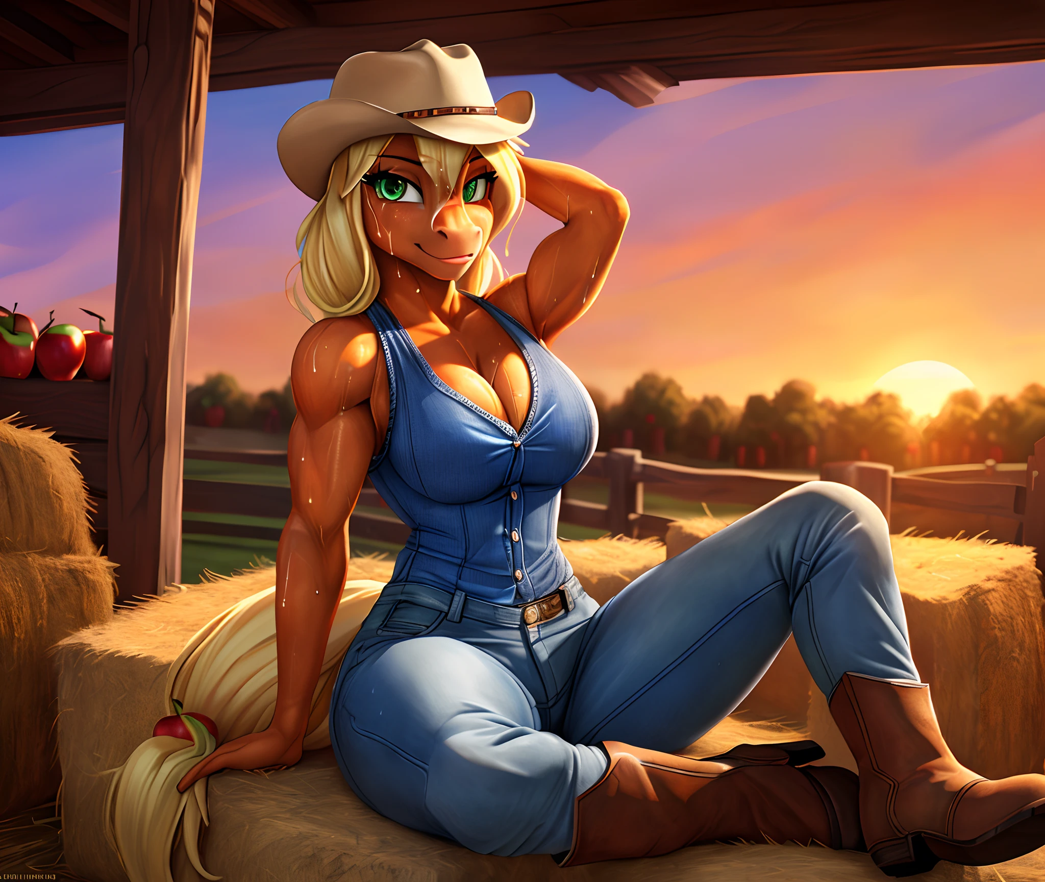 [applejack], [Uploaded to e621.net; (siden), (Pixelsketcher), (mayosplash), (wamudraws)], ((masterpiece)), ((HD)), ((high quality)), ((solo portrait)), ((cowboy shot)), ((furry; anthro)), ((detailed fur)), ((detailed shading)), ((beautiful render art)),  ((intricate details)), {anthro horse; (slim figure), (orange fur), cute green eyes, (half-closed eyes), horse snout, long blonde hair, (gorgeous hips), (defined muscles), (sweat on face), smug smirk}, {(button-up tank top, (cleavage), (tight blue jeans), brown cowboy boots, cowboy hat}, {(sitting on hay bail), (legs spread open), (hand on head), (looking at viewer)}, [background; (apple orchard), (sunset)]