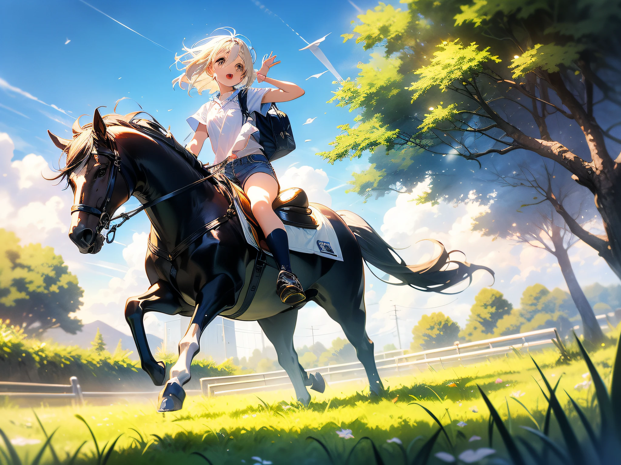 in 8K、top-quality、masterpiece、ultra-detailliert、Ultra-high resolution、((1 persons))、girl with、grass field、a blond、a short bob、ride on the horse