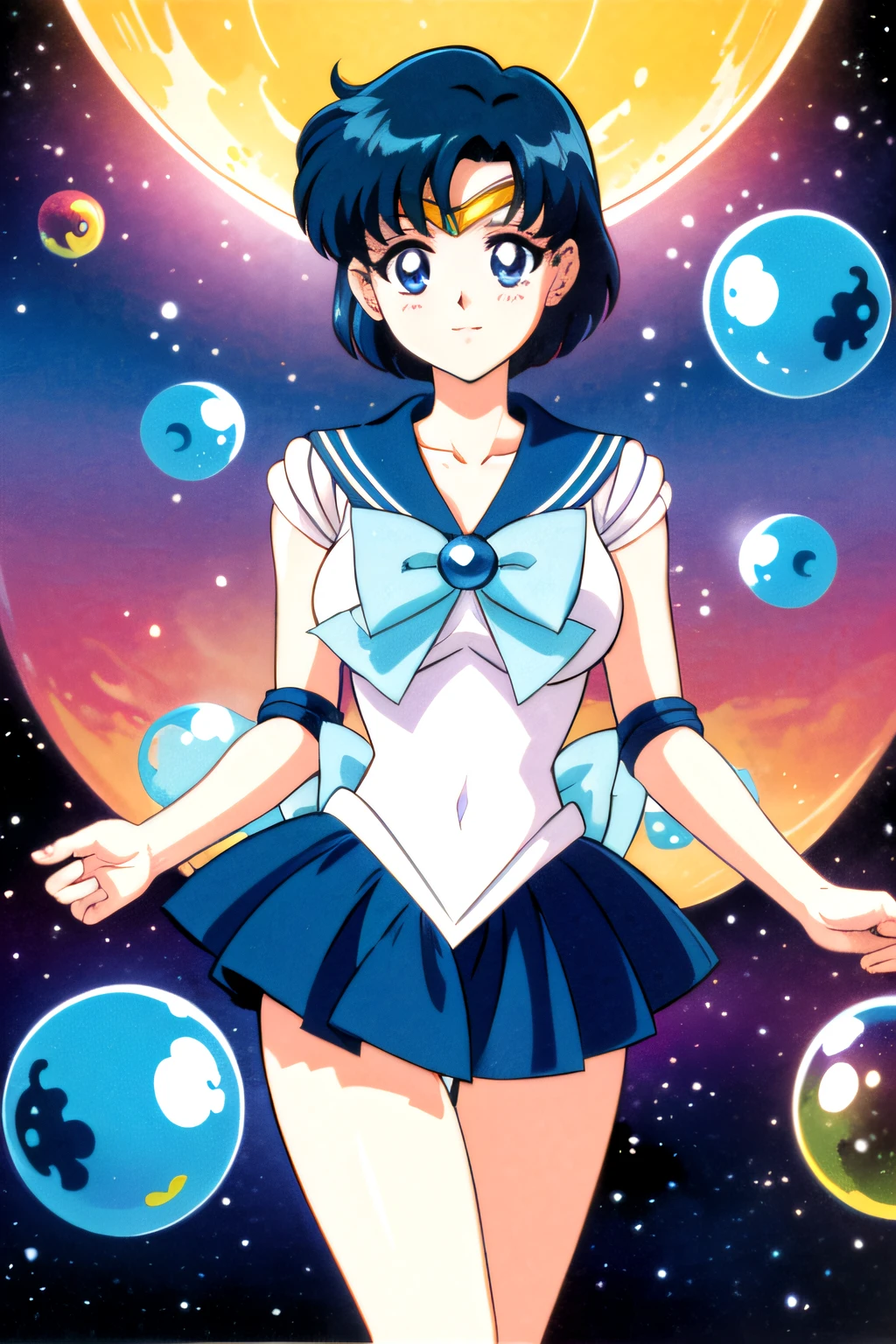 (top-quality:1.3), (​masterpiece:1.4),(Anatomically correct), (Full limbs),(complete fingers),(Precise fingertips), (Fine details),(8K),Sailor Moon!!!!!!!!, Sailor Moon Style,by Sailor Moon, Sailor Senshi Uniform,(Sailor Mercury:1.25),aqua eyes, Dark green hair,mid-shot、(Exquisite facial features)、(serafuku:1.3) (( SFW))、((Clean hands))、((White pear without shoes))、Aqua Eye、colored contact lenses、Stars in the eyes、(((colorful bubble)))、Colorful Glass、(album covers) Vast landscape photos、(The sky is up as seen from below、The field is down)、Girl standing in a flower garden and looking up、(fullmoon:1.2)、(meteors:0.9)、(nebulas:1.3)、mountain in the distance々、The tree々 BREAK Craft Art、(Warm light:1.2)、(fireflys:1.2)、A light、Lots of Purples and Oranges、intricate detailes、voluminous lighting、Realism Break(​master piece: 1.2), (Top image quality), 4K, The ultra-detailliert, (dynamic compositions: 1.4), ighly detailed, Colorful Detail, (Rainbow Color: 1.2), (Glow lighting, Atmosphere Lighting), dream-like, Magical, (独奏: 1.2)