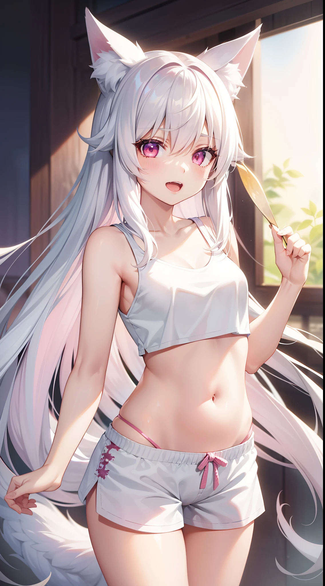 young girl, very long white hair, pink eyes, Fox ears, Very long fox tail, ssmile, opened mouth, Dragon Wings, Flight, white tanktop, Sleeveless, Shorts, open belly, Masterpiece, hiquality, 4k, HD, Good detail
