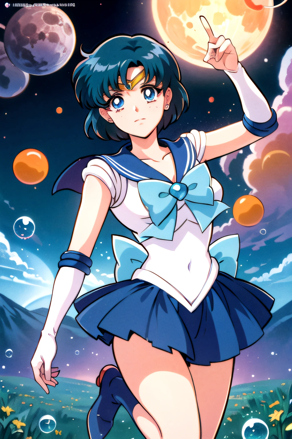 (top-quality:1.3), (​masterpiece:1.4),(Anatomically correct), (Full limbs),(complete fingers),(Precise fingertips), (Fine details),(8K),Sailor Moon!!!!!!!!, Sailor Moon Style,by Sailor Moon, Sailor Senshi Uniform,(Sailor Mercury:1.25),aqua eyes, Dark green hair,mid-shot、(Exquisite facial features)、(serafuku:1.3) (( sfw))、((Clean hands))、((White Niso without shoes))、Aqua Eye、colored contact lenses、Stars in the eyes、(((Colorful bubbles)))、Colorful Glass、(album covers) Vast landscape photos、(The sky is up as seen from below、The field is down)、Girl standing in a flower garden and looking up、(fullmoon:1.2)、(meteors:0.9)、(nebulas:1.3)、mountain in the distance々、The tree々 BREAK Craft Art、(warm light:1.2)、(fireflys:1.2)、A light、Lots of Purples and Oranges、intricate detailes、voluminous lighting、Realism BREAK(​master piece: 1.2), (Top image quality), 4k, The ultra-detailliert, (dynamic compositions: 1.4), ighly detailed, Colorful Detail, (Rainbow Color: 1.2), (Glow Lighting, Atmosphere Lighting), dream-like, Magical, (独奏: 1.2)