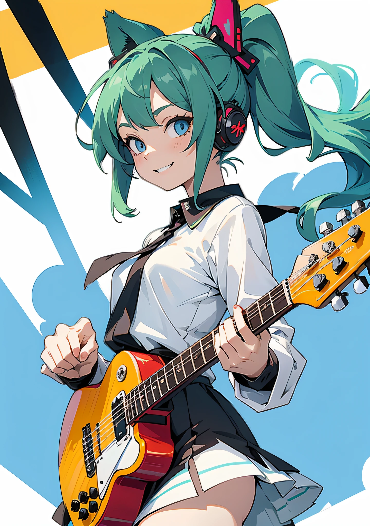 ((masutepiece, Best Quality))1girl in, Solo, Black Dress, Blue eyes, ((electric guitars)), headphones, double ponytails, Holding, holding plectrum, musical instrument, (long green hair), Music, One side up, Twin-tailed, (Cat's ears)、playing guiter、(The number of strings on the guitar is accurate)、White futuristic clothes, White shirt, interiors、With a smile