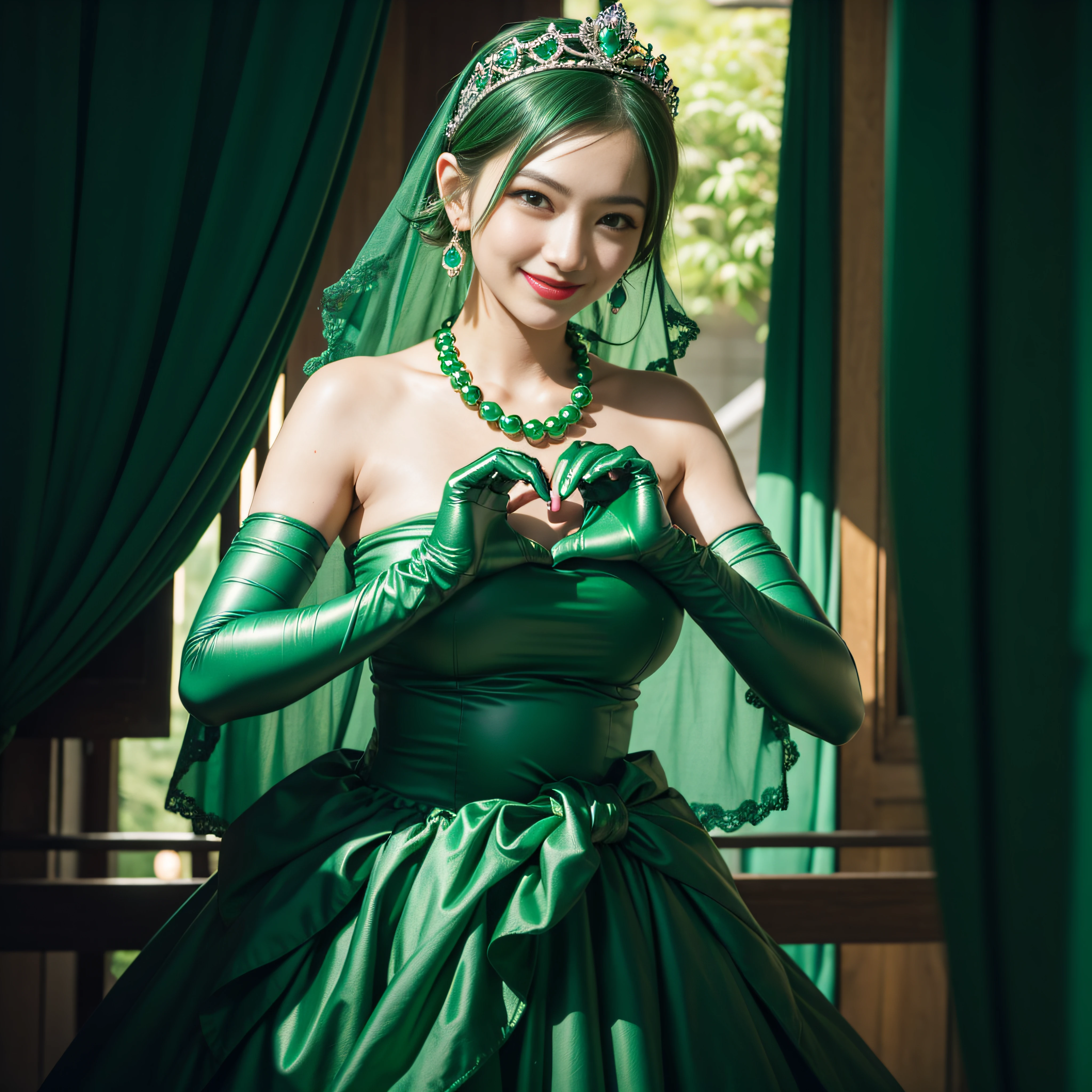 emerald tiara, Green Pearl Necklace, Boyish very short green hair, lipsticks, Japan woman smiling, very short short hair, big breasts beautiful, Green eyes, Long green gloves made of satin material, Green eyes, Emerald Earrings, green vale, Heart with both hands, Pregnant Woman