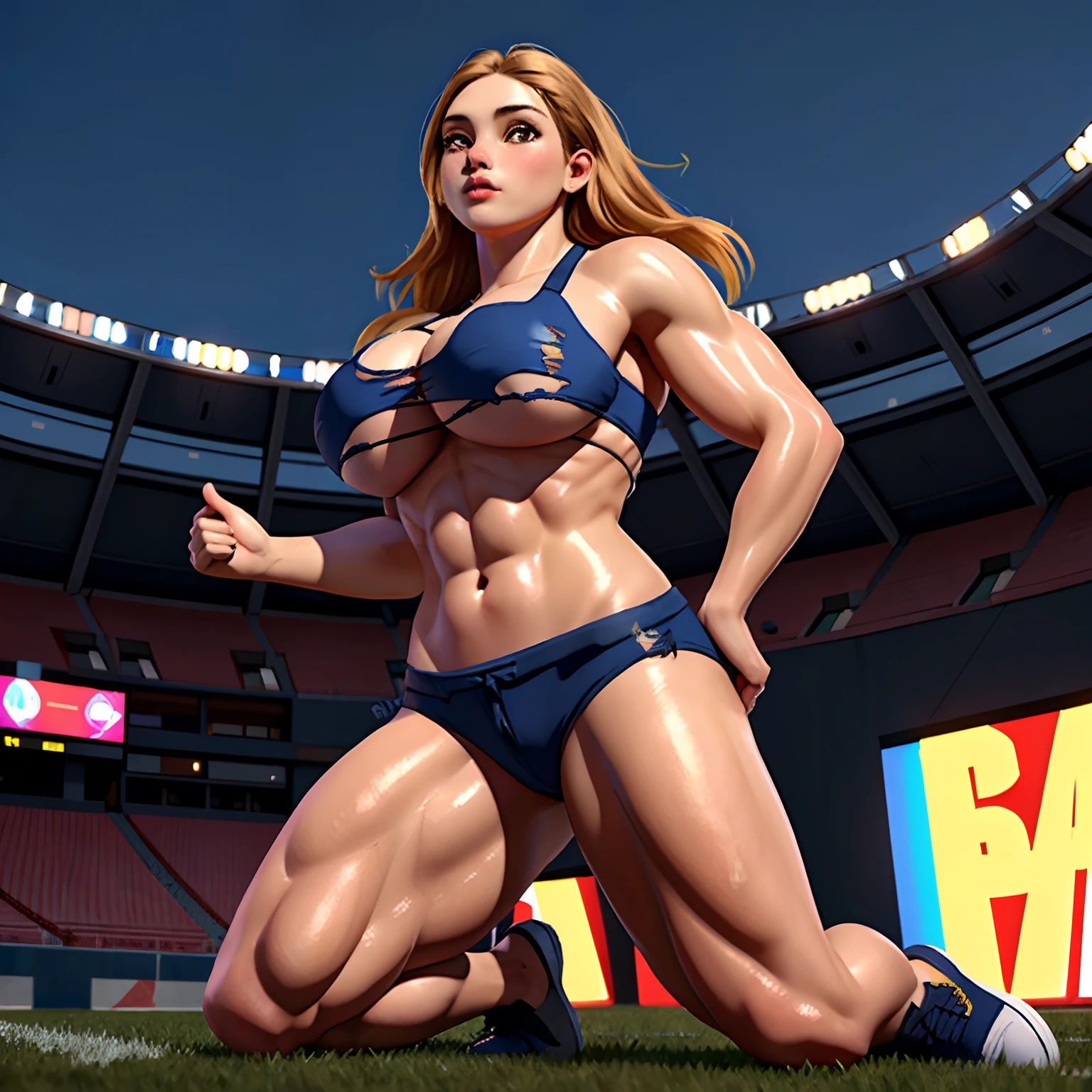 (best quality,4k,8k,highres,masterpiece:1.2), ultra-detailed, (realistic,photorealistic,photo-realistic:1.37), HDR, UHD, studio lighting, ultra-fine painting, sharp focus, physically-based rendering, extreme detail description, professional, vivid colors, bokeh, portraits, on an american football field, playing in a stadium, action, dynamic, low angle looking upwards, playing lingerie american football, athletic woman, mini giantess, towers other players, ripped and torn uniform, transformation, outgrowing, tiny bikini, pads, busting out, uniform, playing quarterback, tiny football, shoes, dropping back to pass, extremely long torso, very defined muscle, large breasts, underboob