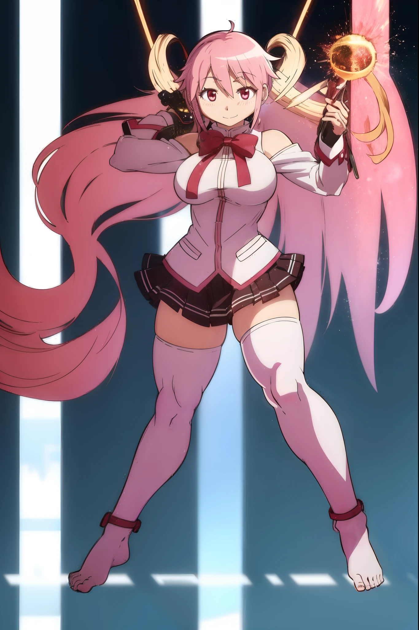 pink,madoka, musclegirl, crazy smile, babarian, revealing cloths, long hair, living hair, red eyes, full body, feet,huge breast, body suit, magicalgirl