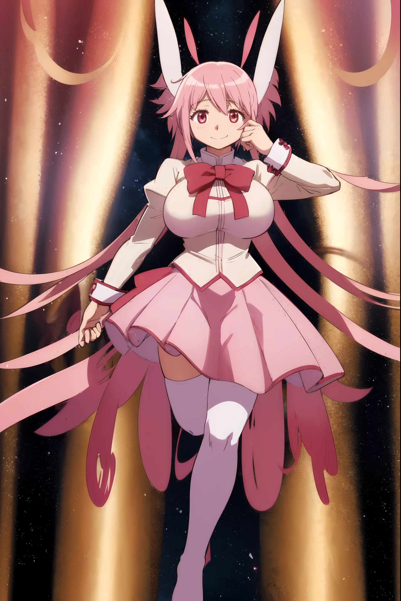 pink,madoka, musclegirl, crazy smile, babarian, revealing cloths, long hair, living hair, red eyes, full body, feet,huge breast, body suit, magicalgirl