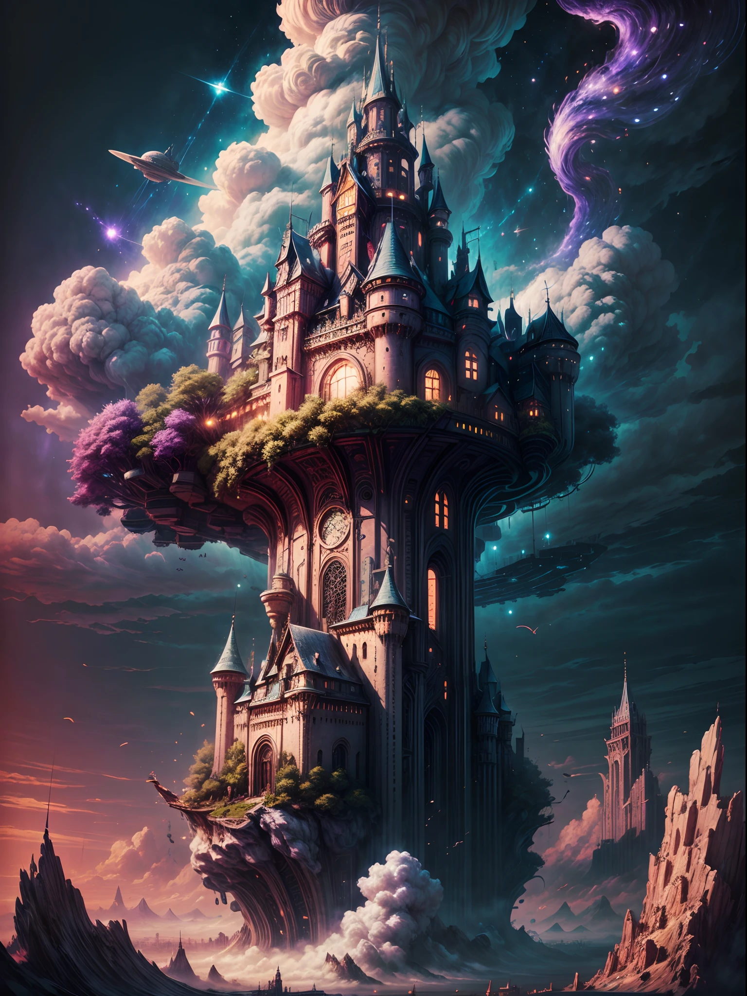 ((master piece)), best quality, (8k, best quality, masterpiece:1.2), ultra-detailed, illustration, big fantasy city, Science fiction, ethereal city, Floating city, many planets in the skies, clouds around, celestial architecture, purple energy scarring around,castle in the center, astral skies