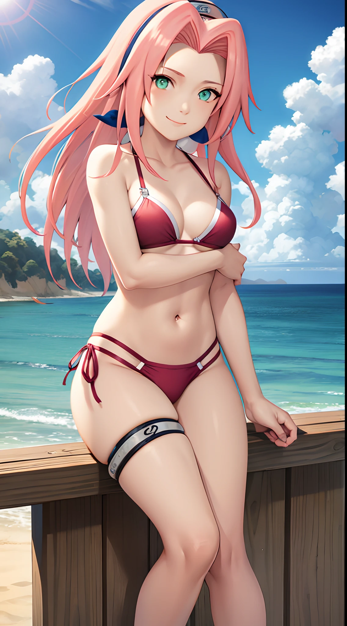 masterpiece, best quality, 1girl,haruno sakura, pink hair, long hair, green eyes, forehead protector, smile, bikini, blue sky, cloud, sea, sand, beach background