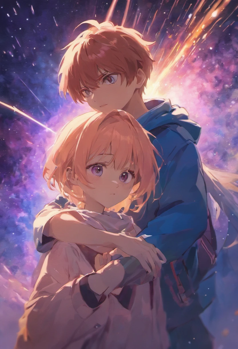 masutepiece, Best Quality, the Extremely Detailed CG Unity 8K Wallpapers, paper cut, (Detailed face), Detailed eyes, Bright sky nebula, 2 guys, age: 16, One stands on the shoulder of the other