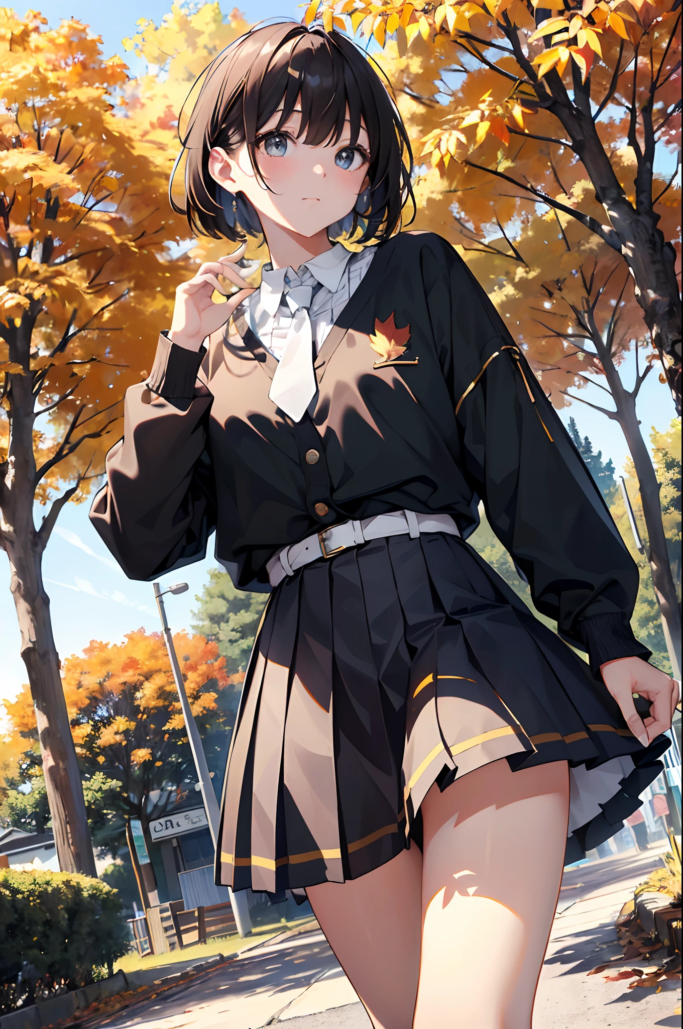 (top-quality、in 8K、32K、masterpiece、nffsw、超A high resolution、Impresionismo、Photorealsitic:1.2)、cowboy shot、foco nítido、detailed faces and eyes、(Man Walking Down a Tree-Lined Avenue々Group of, october, during autumn, in autumn, Golden Autumn, golden leaves, autumn season, trending photo, november, autum, beautiful image, beautiful aesthetic, Autumn, autumn season, beautiful day, in autumn, !!Beautiful!!)、Sharp pupils、Realistic pupils、beauitful face、18 year old beautiful girl、shinny skin、Bery short hair、Beautiful dark brown hair、Blunt bangs、Dark blue eyes、Shirt、neck tie、Plaid miniskirt、Black socks、(Have a skirt、Lifting skirt、I can see the white panties:1.3)、(Embarrassed look:1.2)、Mel Kishida