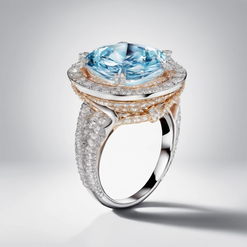 A luxury ring on white background ,full of brilliants , shiny jewelry, hyper realistic , details in brilliant and stone, reflection of light on background,