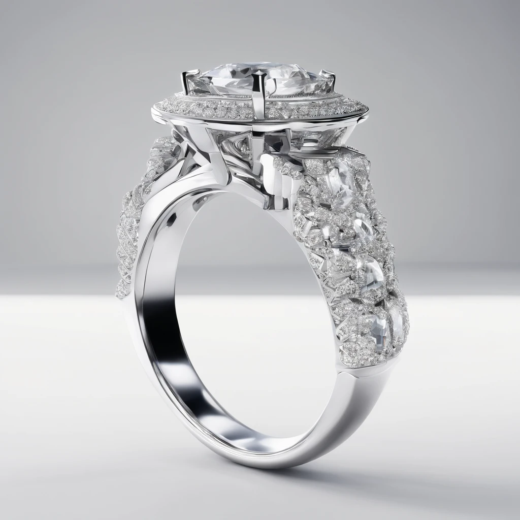 A luxury ring on white background ,full of brilliants , shiny jewelry, hyper realistic , details in brilliant and stone, reflection of light on background,