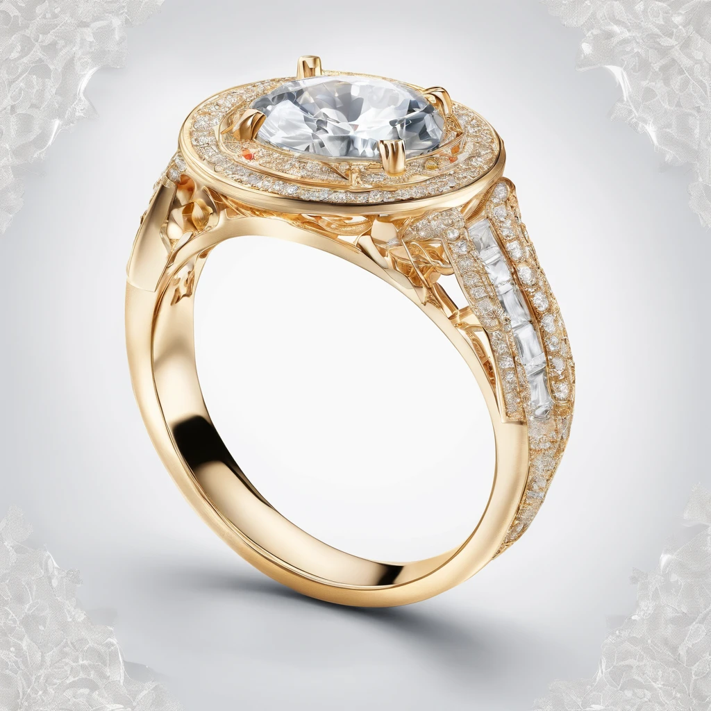A luxury ring on white background ,full of brilliants , shiny jewelry, hyper realistic , details in brilliant and stone, reflection of light on background,
