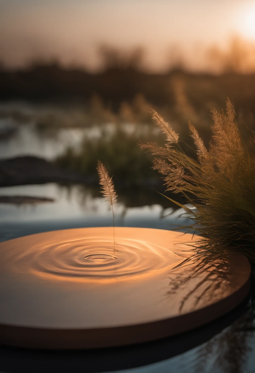 Product photography, A round flatpodium inspired by nature, minimaliststyle, warm fragrance, dream like hazy atmosphere,quiet water ripples,naturallight, high quality, Ultra HD 32K UHD