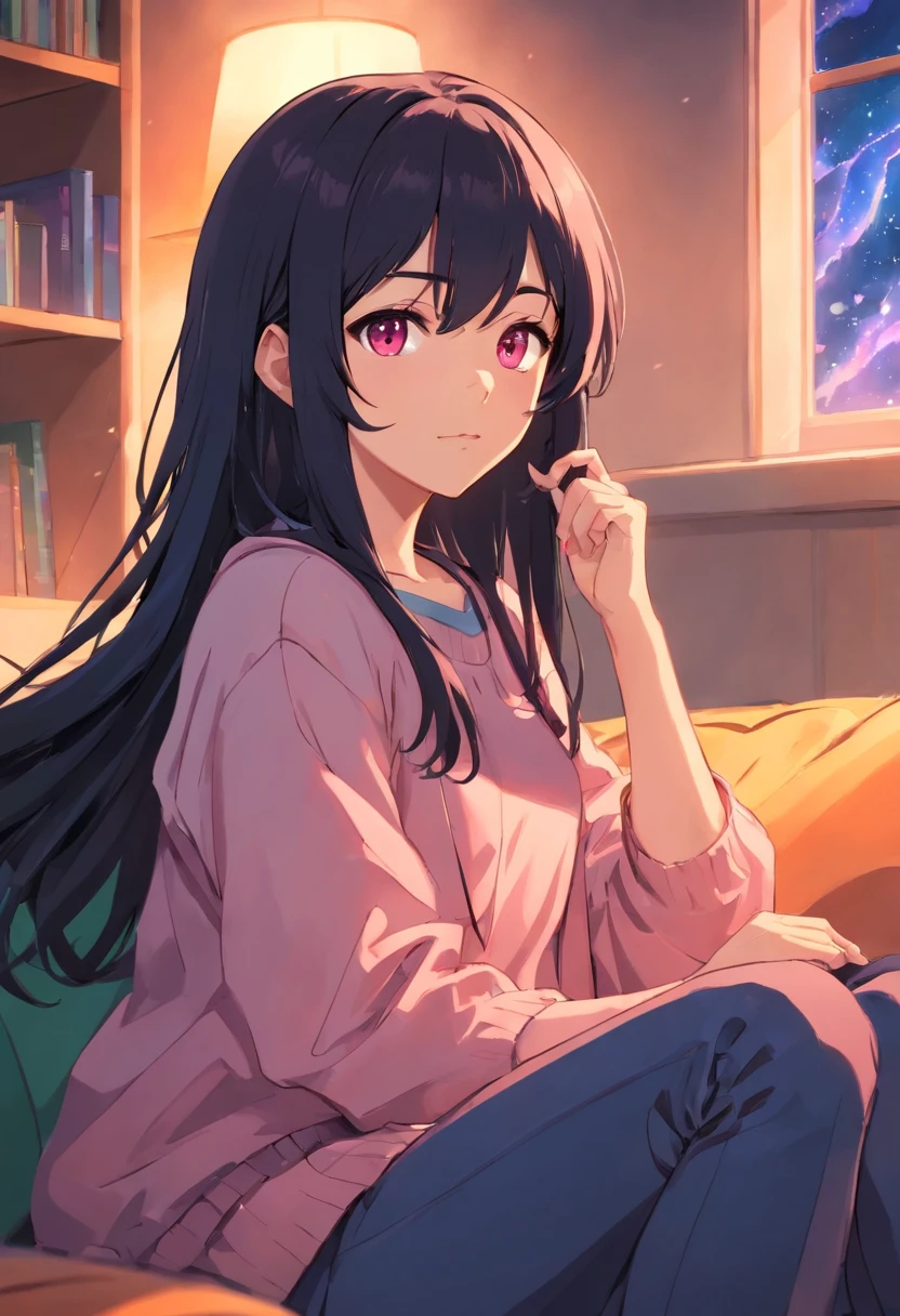 Girl、soio、The Witch，Tsundere、Moody、Predisposition to depression、dreads、Force yourself to laugh、honor student、looks smart、Know、Long black hair、Pink eyes、Hut、sitting in the couch
