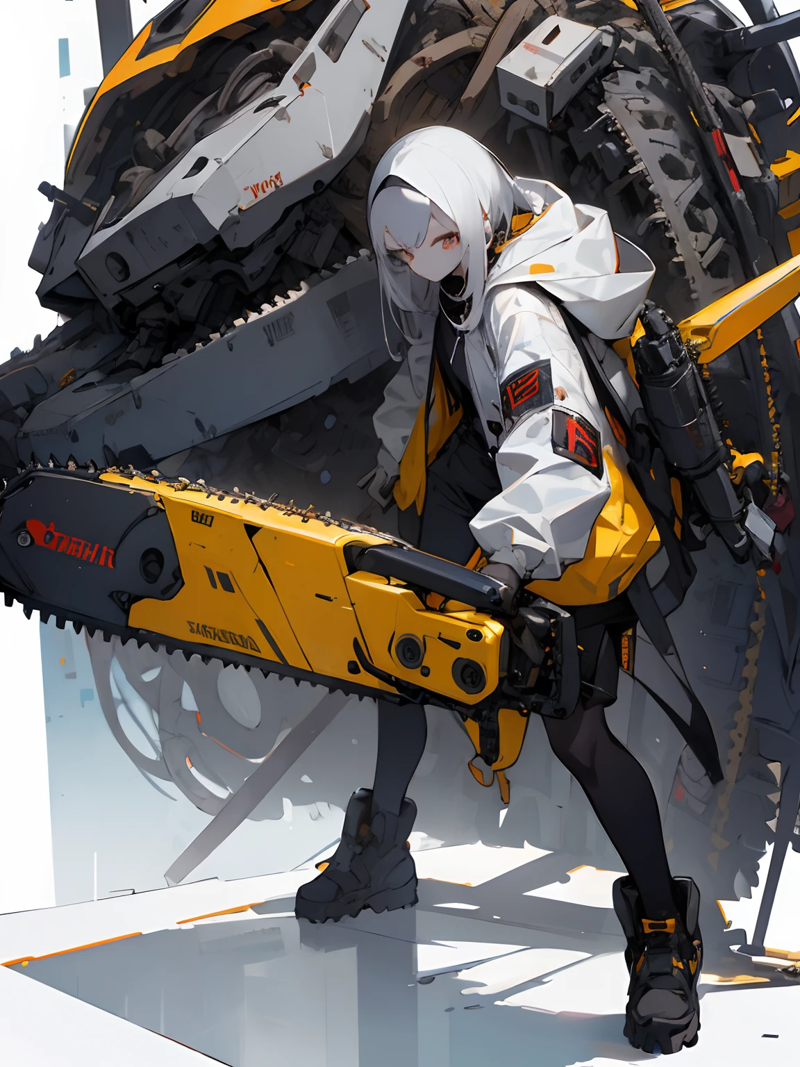 absurdres, highres, ultra detailed,
1girl,oversized hooded jacket,full body,
holding mechanical chainsaw,