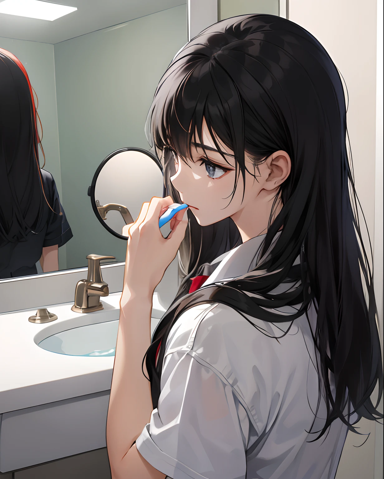 a girl with black and long hair, school uniform washing her face at washstand in washroom in school , mirror , washstand,