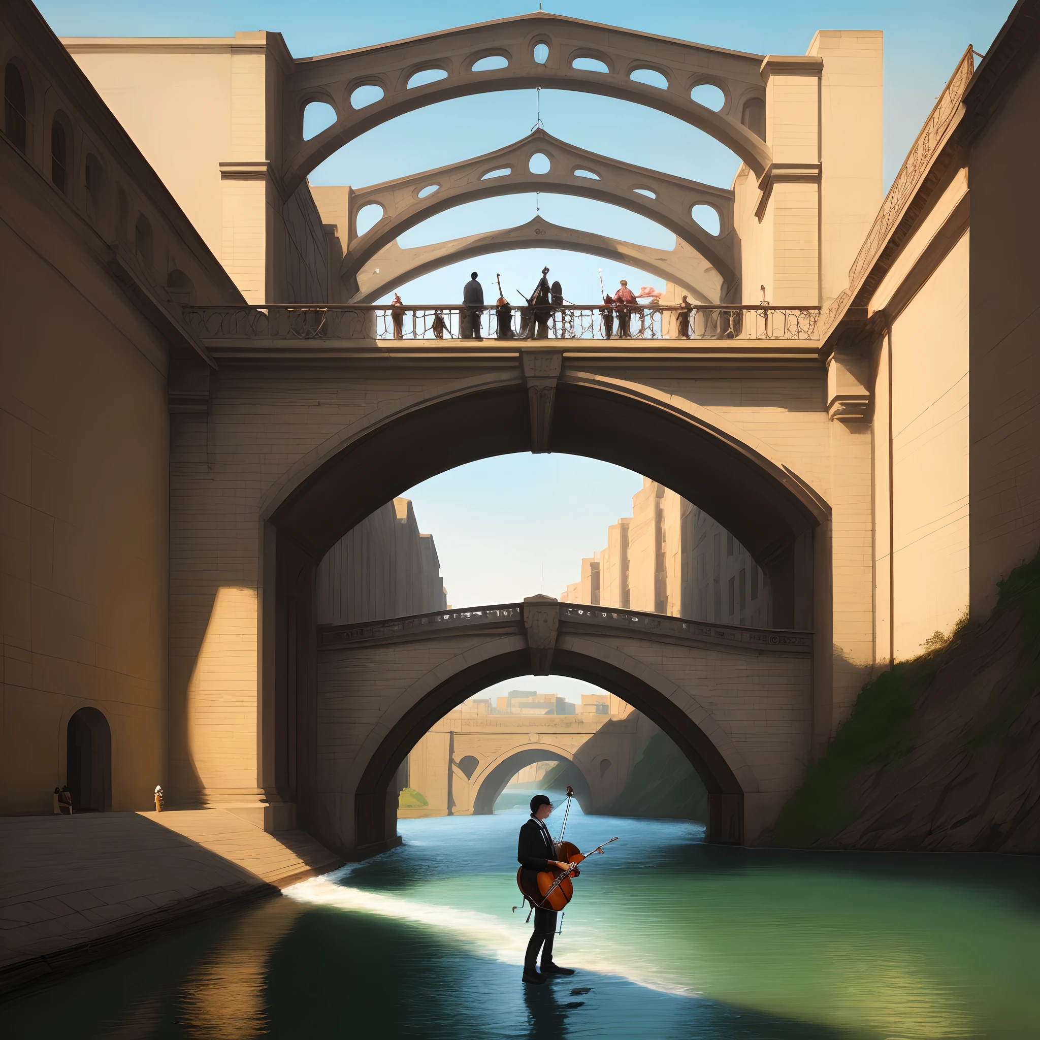 Flutist playing over the bridge