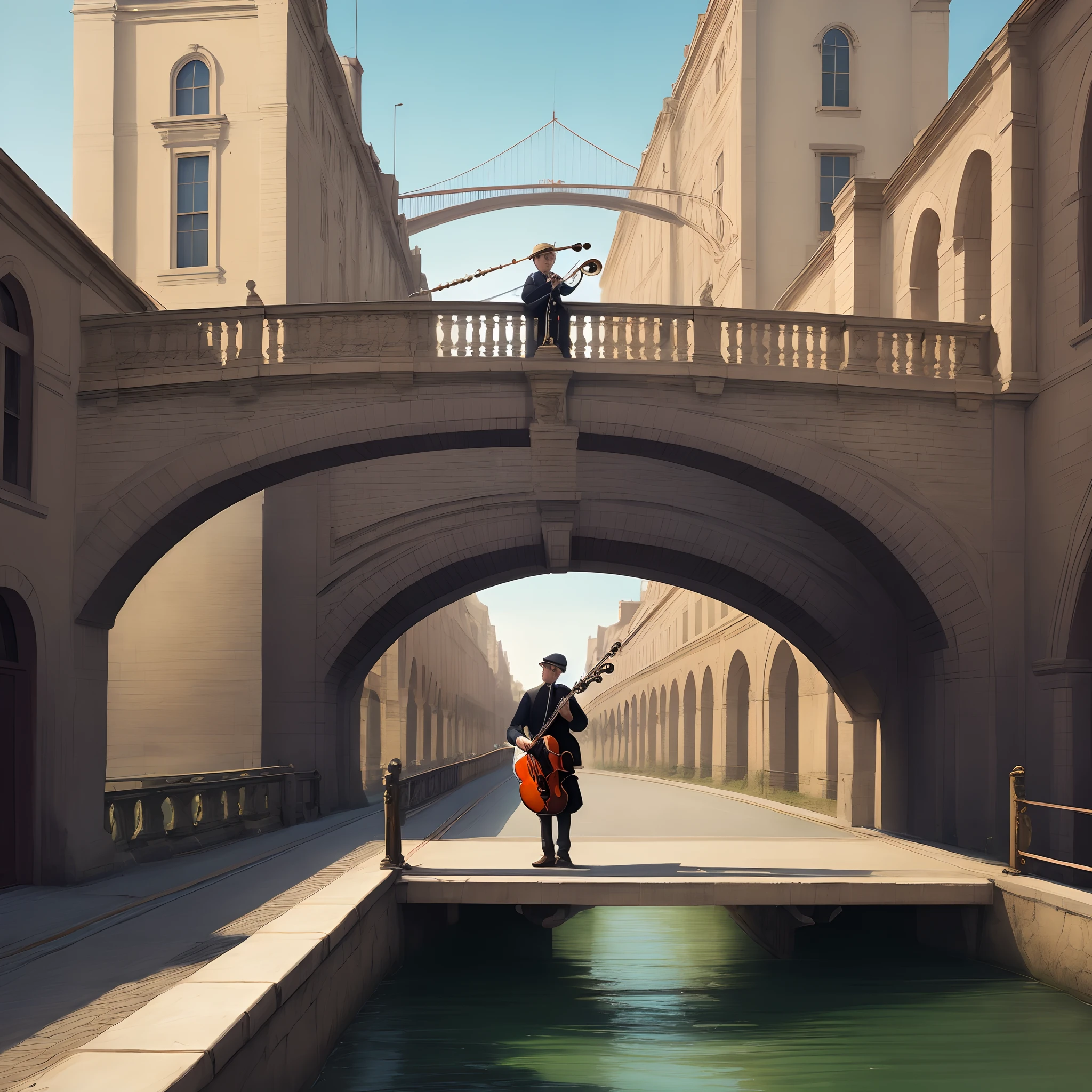 Flutist playing over the bridge