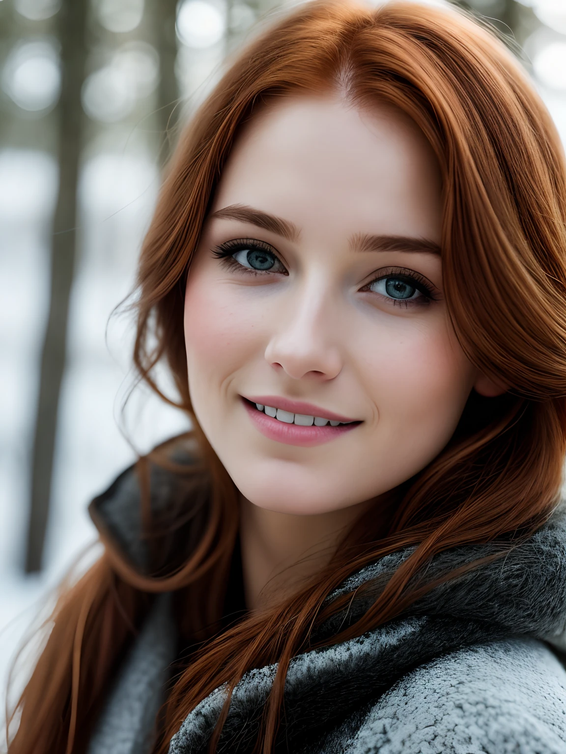 Laughing close up of a european woman, ginger hair, winter forest, natural skin texture, 24mm, 4k textures, soft cinematic light, RAW photo, photorealism, photorealistic, intricate, elegant, highly detailed, sharp focus, ((((cinematic look)))), soothing tones, insane details, intricate details, hyperdetailed, low contrast, soft cinematic light, dim colors, exposure blend, hdr, faded