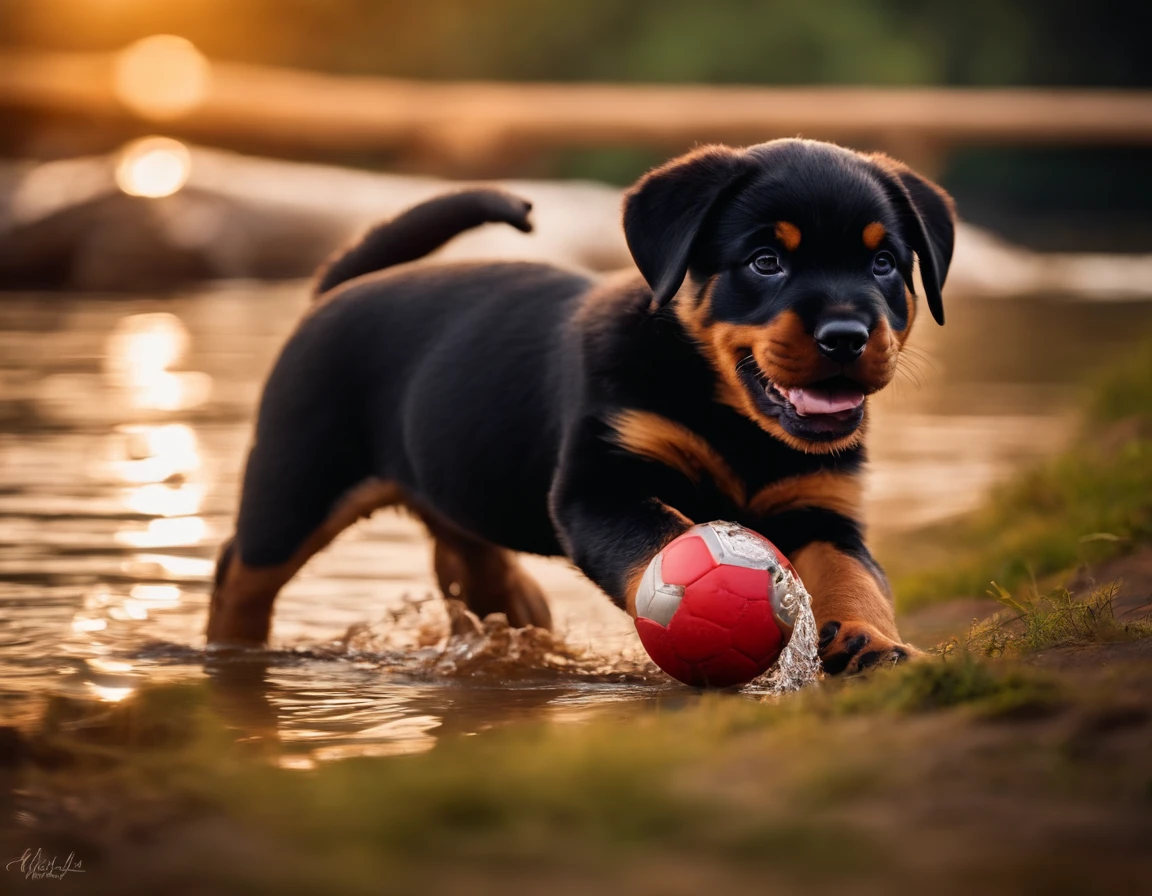 Rottweiler puppy，Playing with a ball on the river bank, Fresh & Charming，warm color palette，Hot Scene，natural light，Soft shade